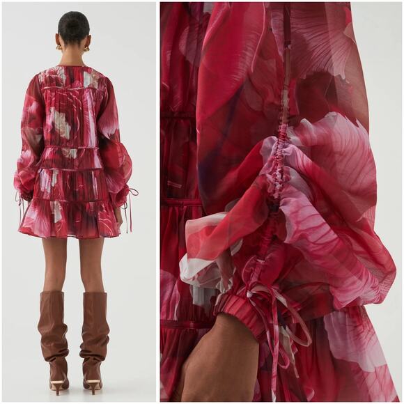 Aje Floral Prismatic Red Pink Long Sleeve Statement Sleeve Mini Dress US 2/AUS 6 - Picture 3 of 10